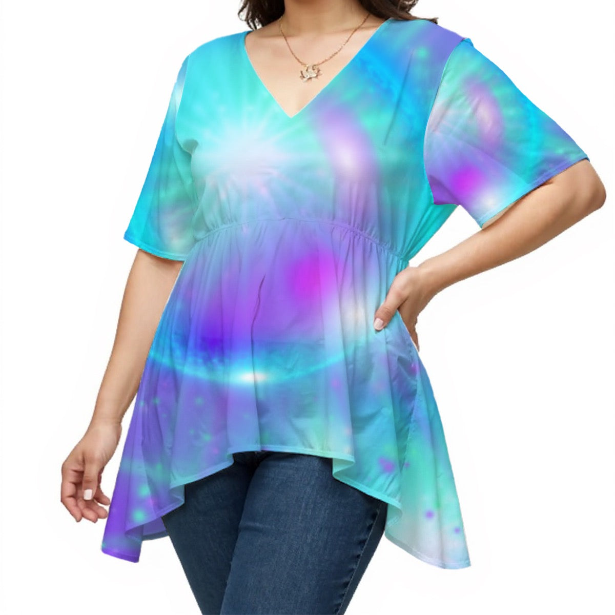 Neon Lights Women's V-Neck Asymmetrical Hem Top